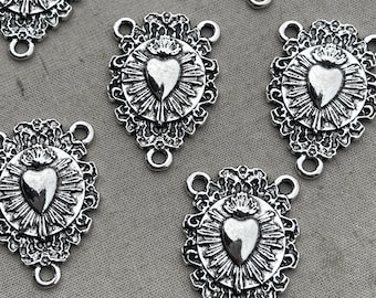 Sacred Heart Connector, Filigree Boho Heart, Rosary Heart Station, Silver Plated Finding, Unique Jewelry Findings, 27x17mm, 6 Pcs, Dry Gulch