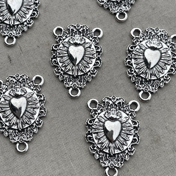 Sacred Heart Connector, Filigree Boho Heart, Rosary Heart Station, Silver Plated Finding, Unique Jewelry Findings, 27x17mm, 6 Pcs, Dry Gulch