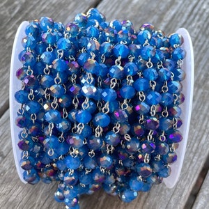 Blue Opal, Crystal Bead Chain, Sapphire Bead Chain, 8mm Rondelle Crystals, Easy Open Eyepin Silver Chain, 1 Ft, Dry Gulch