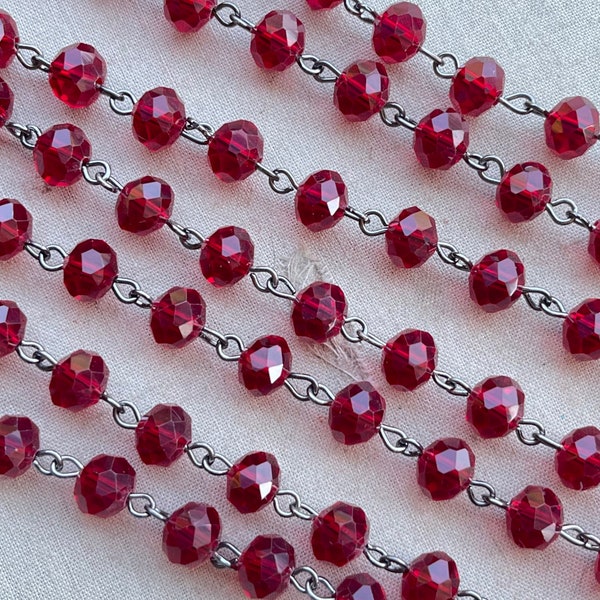 Garnet, Red Crystal Rosary Chain, Deep Red Crystal Beaded Jewelry Chain, 8mm Eyepin Gunmetal Chain, 1 Foot, Dry Gulch