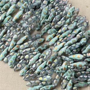 Blue Spotted Dagger Beads, Silver Peacock Czech Daggers, 16mm Dagger Beads, Matte Czech Drops, 16x5mm, 50Pcs, Dry Gulch, Seafoam Mix Dots
