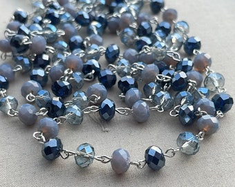 Starry Night, Navy Blue Crystal Beaded Chain, Denim Rosary Chain, Easy Open Eyepin Silver Chain, 8mm Rondelle Crystals, Dry Gulch, 1 Foot