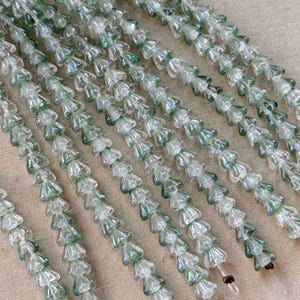 6mm Green Bell Flower Beads, Green Czech Flower Beads, 6x4mm Bellflower Caps, Czech Glass Flowers, Dry Gulch, 25Pcs, Evergreen Marble