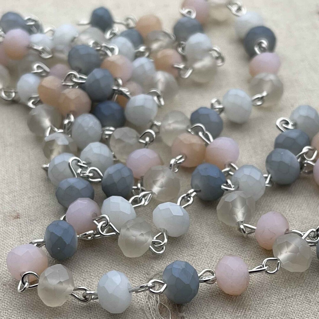 Frosted Chain Heirloom, Frosted Crystal Beaded Chain, Grey Rosary Chain, 8mm Matte ...