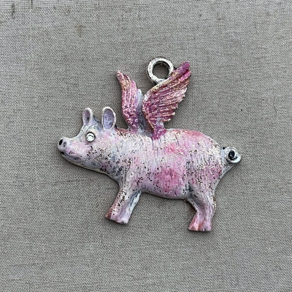 Pink Rhinestone Pig Pendant, When Pigs Fly Pendant, Flying Pig Pendant, Pig with Wings Pendant, Pink Pig Pendant, Dry Gulch, Betty Lou