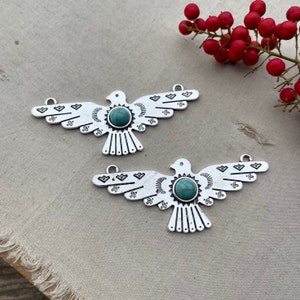 Thunderbird Pendant, Plated Thunderbird Pendant with Faux Turquoise Stone, Thunderbird Jewelry Findings, 80x32mm, 2 Pcs, Dry Gulch image 1