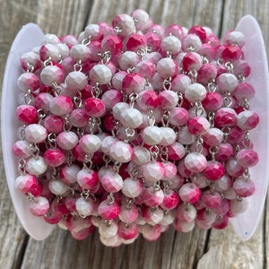 Pink Hibiscus, Pink White Crystal Rosary Chain, Pink White Chain, Crystal Beaded Jewelry Chain, 8mm Eyepin Silver Chain, 1 Ft, Dry Gulch