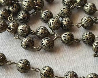 8mm Filigree Antique Brass Beaded Chain, Brass Beaded Chain, Metal Eyepin Chain, 8mm Round Chain, Easy Open Eyepin Chain, Dry Gulch, 1Ft