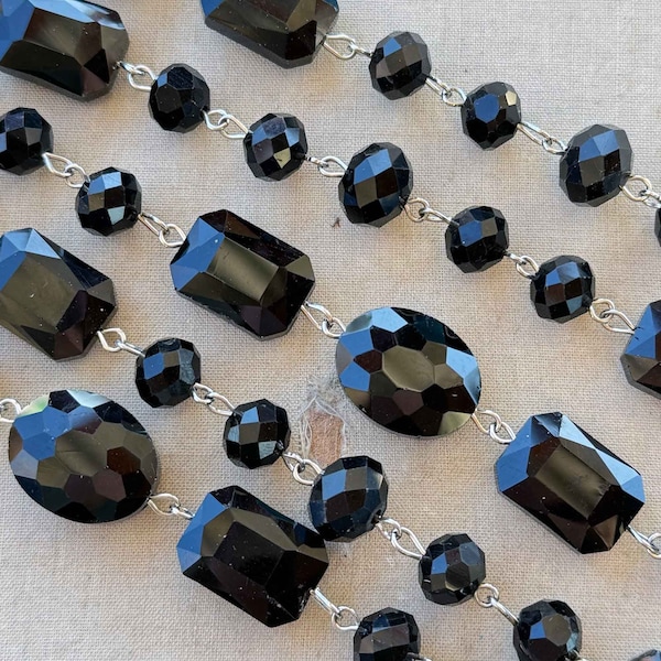 Jet, Black Crystal Bead Chain, Multi Shape Large Size, 20mm Ovals, 18mm Rectangles, 10mm Rondelles, Eyepin Silver Chain, 1 Ft, Dry Gulch