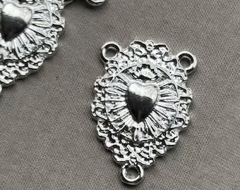 Shiny Sacred Heart Connector, Rosary Heart Station, Shiny Silver Plated Finding, Unique Jewelry Findings, 27x17mm, 6Pcs, Dry Gulch