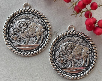 BIG American Bison Coin Medallion Pendant, Silver Bison Pendant, Big Buffalo Pendant, Boho Bison Coin, 55x50mm, 2pcs, Dry Gulch