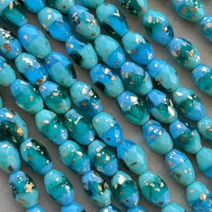 Blue Speckled Ovals, Gold Speckle, Faceted Oval Beads, Fire Polish Czech Glass Beads, 12x8mm, 12Pcs, Dry Gulch, Speckled Gold Lagoon Marble