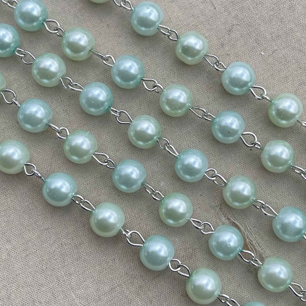 Aqueduct, Pale Green Turquoise Pearl Rosary Chain, Glass Pearl Beaded Jewelry Chain, 8mm Eyepin Silver Chain, 1Ft, Dry Gulch