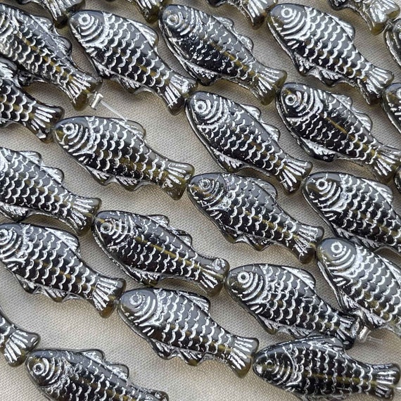 Dark Green Fish Beads, Czech Glass Fish Beads, Siver Finish Fish