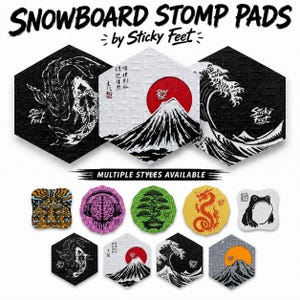 May include: A collection of hexagonal and circular snowboard stomp pads by Sticky Feet featuring various graphic designs including koi fish, Mount Fuji with a red sun, ocean waves, mushrooms, a brain with headphones, a bonsai tree, a dragon, and a frog.