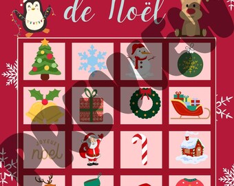 May include: A festive Christmas-themed bingo card with a red background. The card features various holiday icons like a Christmas tree, Santa Claus, and a reindeer. The title "LOTO de Noël" is displayed at the top.