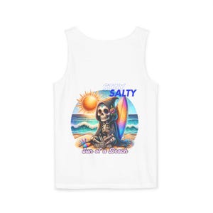 Stay Salty Cute Surfing Reaper Tank Top - Beach Summer Graphic Sleeveless Shirt, Funny Grim Reaper Ocean Lover Muscle Tee, Retro Vintage