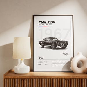 May include: A black and white illustration of a 1967 Ford Mustang Shelby GT500. The poster includes the car's top speed, 0-60 mph time, and horsepower. The poster is framed in a black frame and is hanging on a wall.