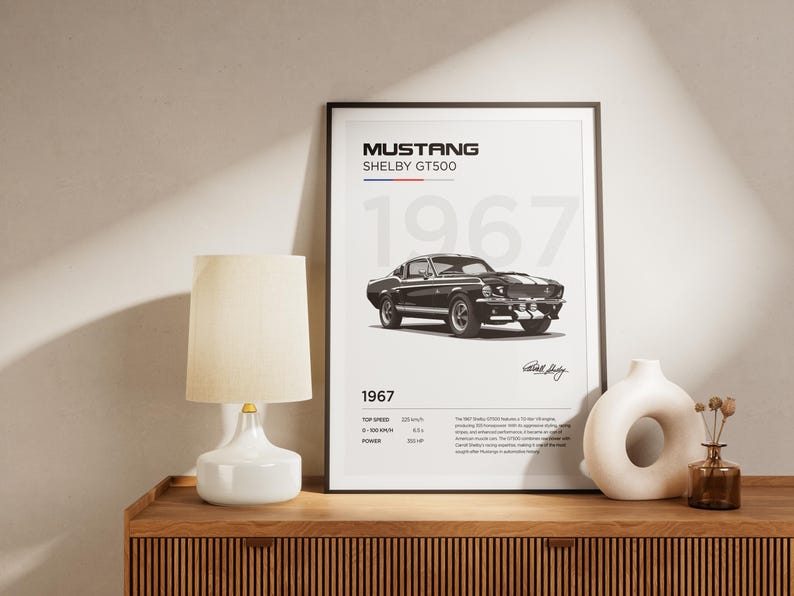 May include: A black and white illustration of a 1967 Ford Mustang Shelby GT500. The poster includes the car's top speed, 0-60 mph time, and horsepower. The poster is framed in a black frame and is hanging on a wall.