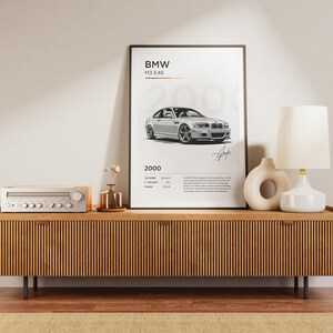 Puede incluir: Una impresi&oacute;n enmarcada de un BMW M3 E46 blanco con el texto "BMW M3 E46 2000" y una firma debajo del coche.