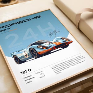 K&ouml;nnte beinhalten: Ein blaues und oranges Porsche 917 Rennwagen mit dem Text "24H Le Mans 1970" und Spezifikationen f&uuml;r H&ouml;chstgeschwindigkeit, 0-100 km/h und Leistung. Das Auto befindet sich auf einem hellblauen Hintergrund mit einem wei&szlig;en Rahmen.