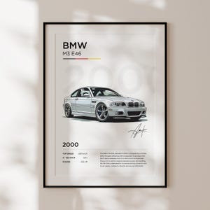 Puede incluir: Un coche deportivo BMW M3 E46 blanco del a&ntilde;o 2000 con llantas negras. El coche se muestra sobre un fondo blanco con texto sobre las especificaciones del coche. El texto incluye la velocidad m&aacute;xima del coche, el tiempo de 0 a 100 km/h y la potencia.