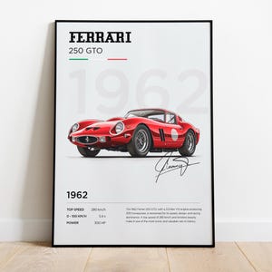 Poster Ferrari 250 GTO, stampa Ferrari, poster Ferrari, cornice decorativa Ferrari, illustrazione Ferrari, regalo per gli appassionati di auto