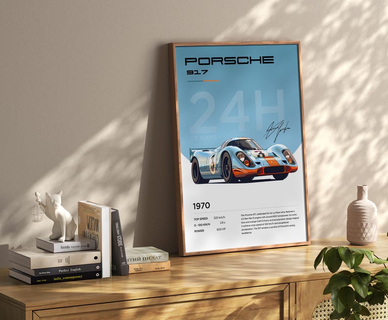 K&ouml;nnte beinhalten: Ein blaues und oranges Poster eines Porsche 917 Rennwagens mit dem Text "PORSCHE 917 24H 1970" und technischen Daten.