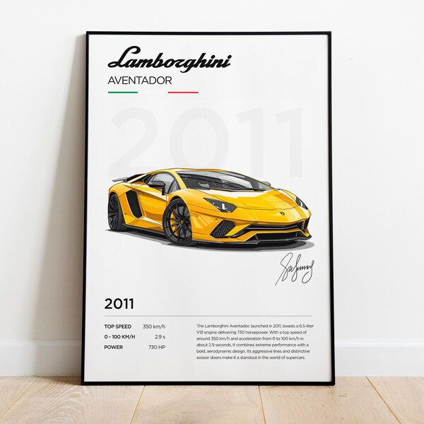 Pôster Lamborghini Aventador, estampa Lamborghini, pôster Lamborghini, moldura decorativa Lamborghini, ilustração Lamborghini