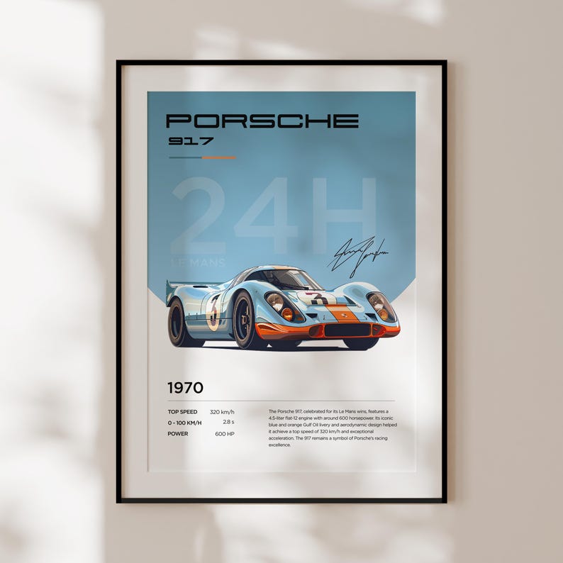 K&ouml;nnte beinhalten: Ein blauer und orangefarbener Porsche 917 Rennwagen mit dem Text "PORSCHE 917 24H" und "1970" auf blauem Hintergrund. Das Auto hat eine H&ouml;chstgeschwindigkeit von 120 km/h, eine Zeit von 0 auf 100 km/h von 2,8 Sekunden und 600 PS.
