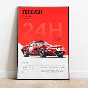 Cartel Ferrari 250 LM, lámina Ferrari, cartel Ferrari, marco decoración Ferrari, ilustración Ferrari, cartel 24h de Le Mans