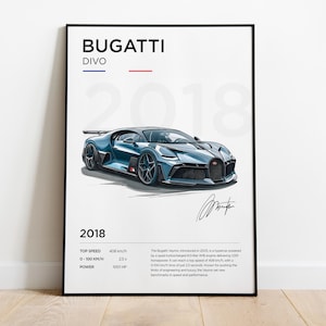 Może przedstawiać: Plakat przedstawiający niebieskie Bugatti Divo, samochód sportowy o wysokich osiągach, z tekstem "BUGATTI DIVO 2018" i specyfikacjami samochodu, w tym prędkością maksymalną, czasem przyspieszenia od 0 do 100 km/h i mocą.