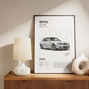 Puede incluir: Un p&oacute;ster blanco de BMW M3 E46 con marco negro. El p&oacute;ster presenta un BMW M3 E46 blanco del a&ntilde;o 2000 con el texto "BMW M3 E46 2000" y las especificaciones del coche.