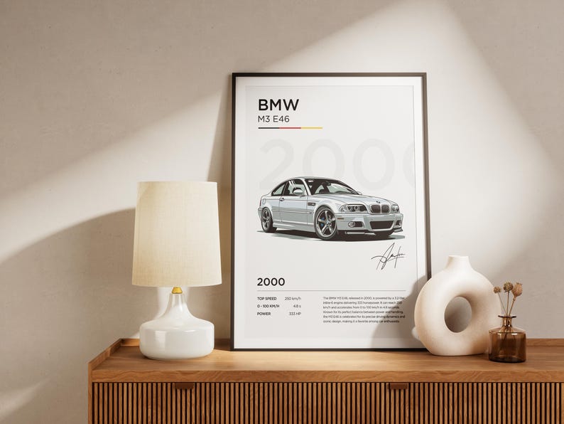 Puede incluir: Un p&oacute;ster blanco de BMW M3 E46 con marco negro. El p&oacute;ster presenta un BMW M3 E46 blanco del a&ntilde;o 2000 con el texto "BMW M3 E46 2000" y las especificaciones del coche.