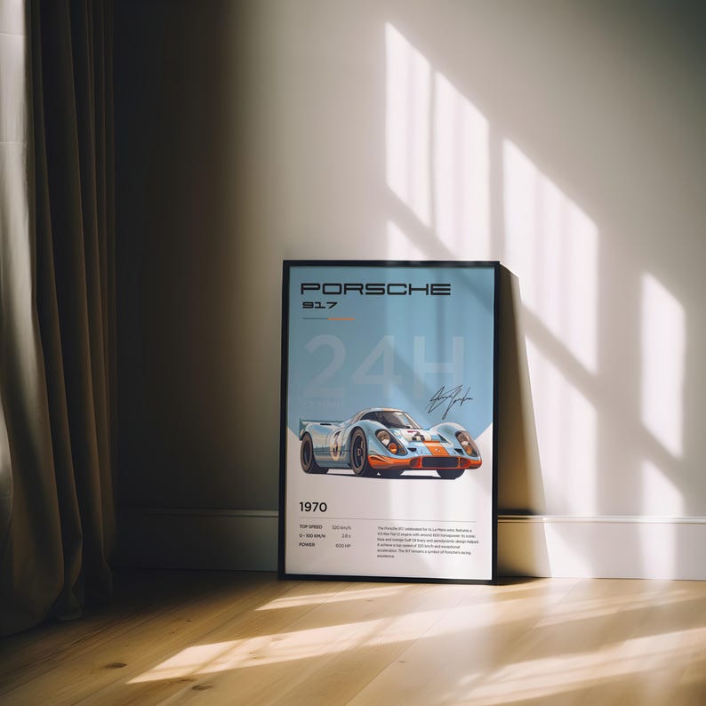 K&ouml;nnte beinhalten: Ein blaues und oranges Poster eines Porsche 917 Rennwagens mit dem Text "PORSCHE 917 24H 1970" und technischen Daten.