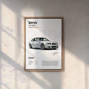 Puede incluir: Una ilustraci&oacute;n de un coche BMW M3 E46 blanco del a&ntilde;o 2000 con el texto "BMW M3 E46" y "2000" sobre el coche. Las especificaciones del coche se enumeran debajo del coche: "Velocidad m&aacute;xima: 250 km/h", "0-100 km/h: 4,8 s", "Potencia: 321 CV".