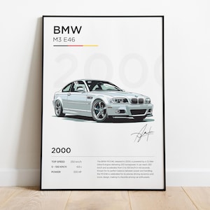 Puede incluir: Un póster blanco de un BMW M3 E46 del 2000 con un marco negro. El póster presenta un BMW M3 E46 blanco con una firma negra y especificaciones técnicas. El texto en el póster dice "BMW M3 E46 2000 VELOCIDAD MÁXIMA 250 km/h 0-100 km/h 4.8 s POTENCIA 321 cv".