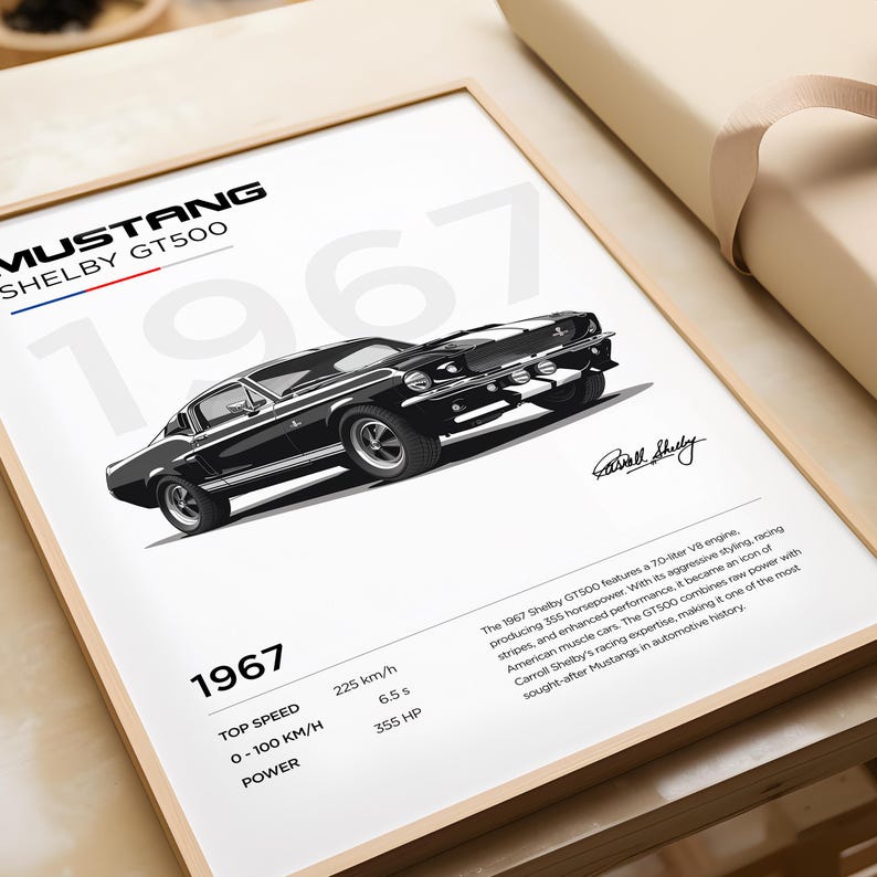 May include: A black and white illustration of a 1967 Ford Mustang Shelby GT500. The car has a white racing stripe and the text "1967" is displayed above the car. The text "MUSTANG SHELBY GT500" is displayed at the top of the image. The text "TOP SPEED 225 km/h, 0-100 KM/H 6.5s, POWER 355 HP" is displayed below the car. The text "The 1967 Shelby GT500 features a 7.0-liter V8 engine, producing 355 horsepower. With its aggressive styling, racing stripes, and enhanced performance, it became an icon of American muscle cars. The GT500 combines raw power with Carroll Shelby's racing expertise, making it one of the most sought-after Mustangs in automotive history." is displayed below the car.