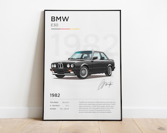 Plakat BMW E30, nadruk BMW, plakat BMW, ramka dekoracyjna Bmw, ilustracja Bmw, prezent Bmw, plakat samochodowy Youngtimers