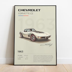 Puede incluir: Impresión enmarcada de un Chevrolet Corvette C2 de 1963 blanco con una franja negra y llantas rojas. La impresión incluye el texto "Chevrolet Corvette C2 1963" y especificaciones, incluida una velocidad máxima de 240 km/h.