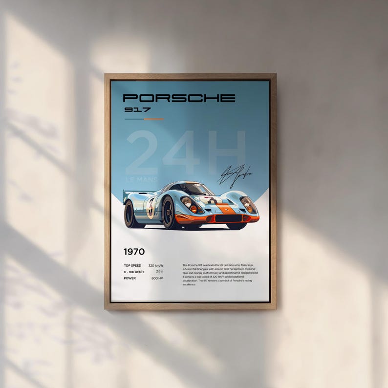 K&ouml;nnte beinhalten: Ein Vintage-Poster mit einem blauen und orangefarbenen Porsche 917 Rennwagen mit dem Text "Porsche 917 24H Le Mans 1970" und technischen Daten des Fahrzeugs.