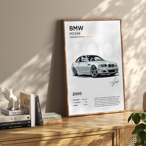 Puede incluir: Un p&oacute;ster blanco de BMW M3 E46 con un dibujo lineal del coche. El p&oacute;ster incluye el a&ntilde;o 2000, la velocidad m&aacute;xima, el 0-100 km/h y la potencia.