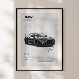 May include: A black BMW M4 CSL sports car with the text "BMW M4 CSL" and "2022" printed on a white background. The car has a black interior and a black exterior. The car is shown in a side view. The text "TOP SPEED 307 km/h, 0-100 KM/H 3.7 s, POWER 550 HP" is printed below the car.