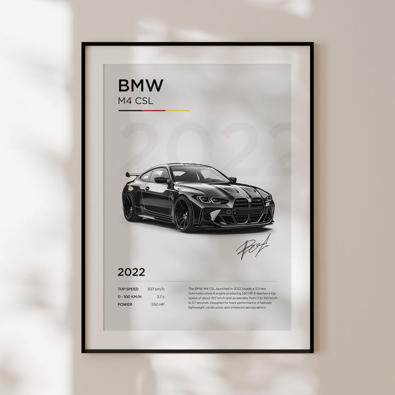 May include: A black BMW M4 CSL sports car with the text "BMW M4 CSL" and "2022" printed on a white background. The car has a black interior and a black exterior. The car is shown in a side view. The text "TOP SPEED 307 km/h, 0-100 KM/H 3.7 s, POWER 550 HP" is printed below the car.
