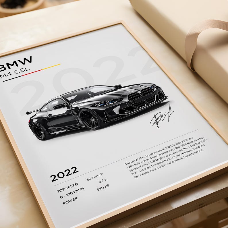 May include: A black BMW M4 CSL sports car with the year 2022 and the car's specifications listed below: Top Speed 307 km/h, 0-100 km/h 3.7 s, Power 550 HP.