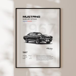 May include: A black and white illustration of a 1967 Ford Mustang Shelby GT500. The car has a black body with white racing stripes. The text "MUSTANG SHELBY GT500" and "1967" is displayed above the car. The text "1967" is also displayed below the car, along with the car's top speed, 0-100 km/h time, and horsepower.
