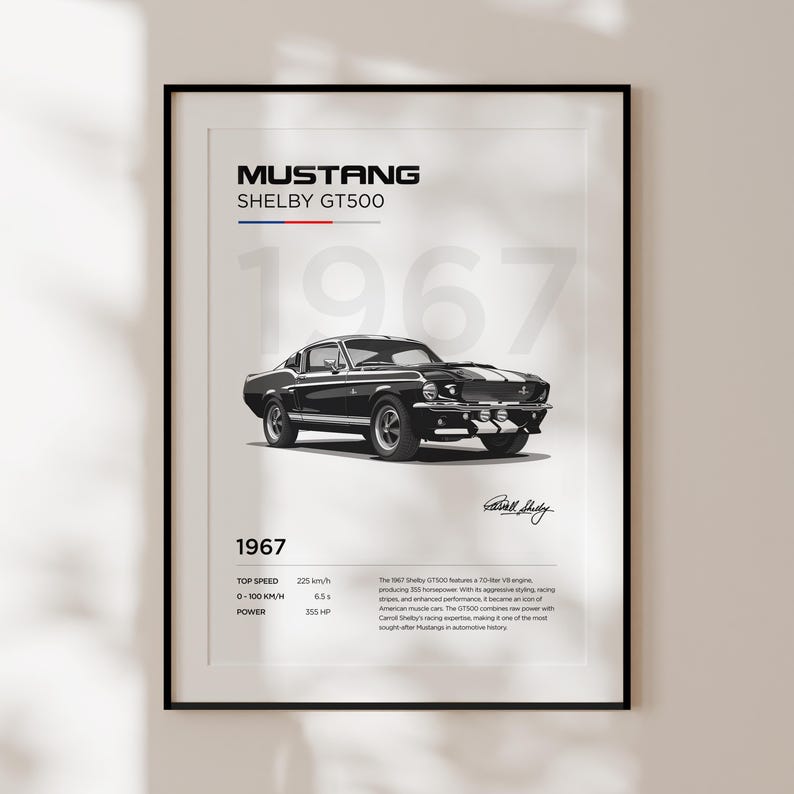May include: A black and white illustration of a 1967 Ford Mustang Shelby GT500. The car has a black body with white racing stripes. The text "MUSTANG SHELBY GT500" and "1967" is displayed above the car. The text "1967" is also displayed below the car, along with the car's top speed, 0-100 km/h time, and horsepower.