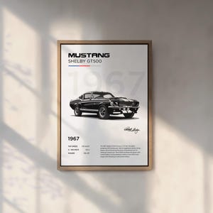 May include: A black and white illustration of a 1967 Ford Mustang Shelby GT500. The car has a white stripe down the side and a black interior. The image includes the text "MUSTANG SHELBY GT500" and "1967".