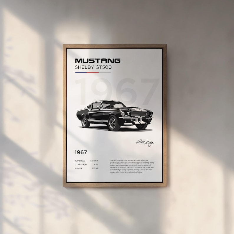 May include: A black and white illustration of a 1967 Ford Mustang Shelby GT500. The car has a white stripe down the side and a black interior. The image includes the text "MUSTANG SHELBY GT500" and "1967".