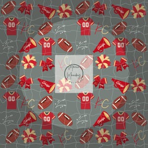 May include: A seamless pattern featuring a variety of football-themed elements, including footballs, jerseys, cheerleading pom-poms, megaphones, and the letters "KC". The background is a gray and white grid pattern.
